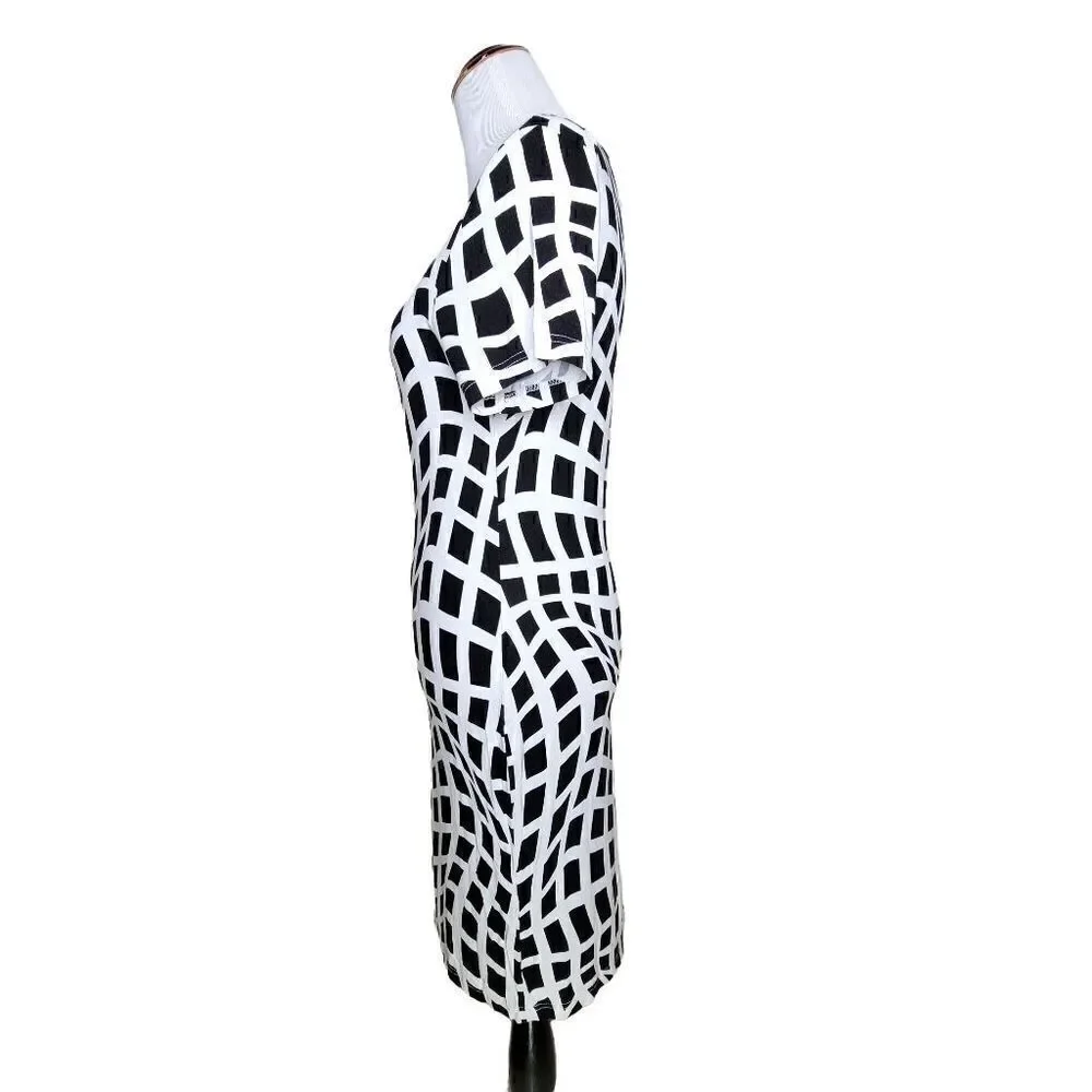 Venus Geometric Square Print Short Sleeve Sheath Dress Black White Size Medium